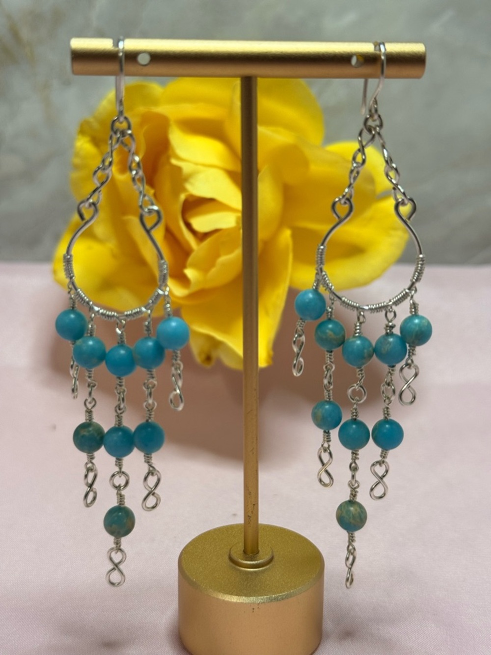 Handmade Turquoise Bead Dangle Chandelier Earrings - Unbranded